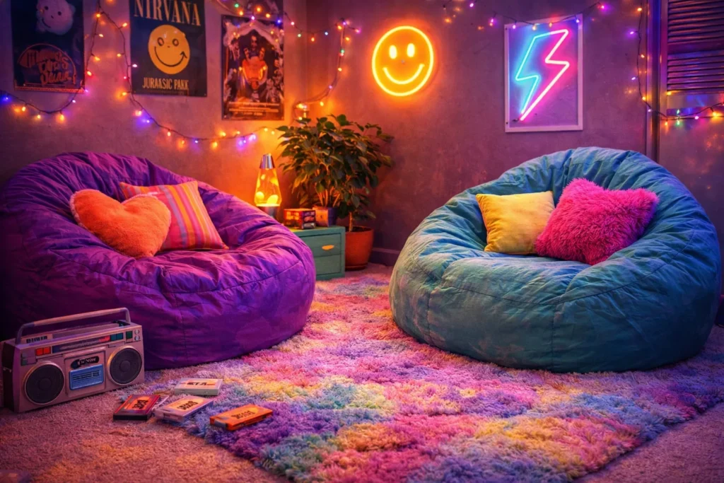 90s bean bag seating area with cozy vibe