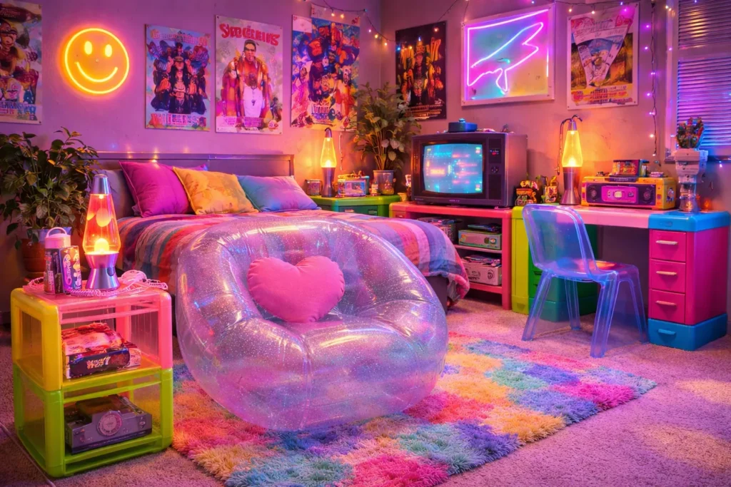 Inflatable furniture in a 90s style room