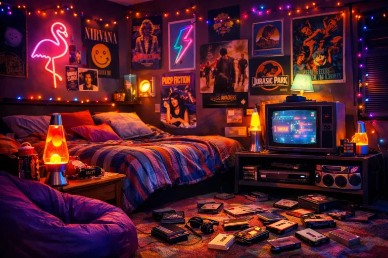 Creative 90s room with neon lights, posters, and retro decor
